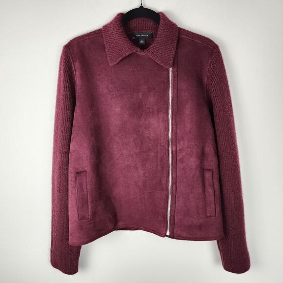 Ann Taylor Moto Jacket Faux Suede Knit Zip Sweater Burgundy Size M - Picture 5 of 14